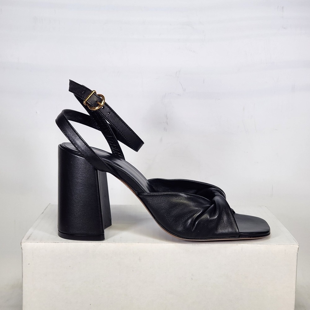 Maje Fedoda Sandals Women Size 7.5 Noir Black Leather Twisted Block Heel Strappy